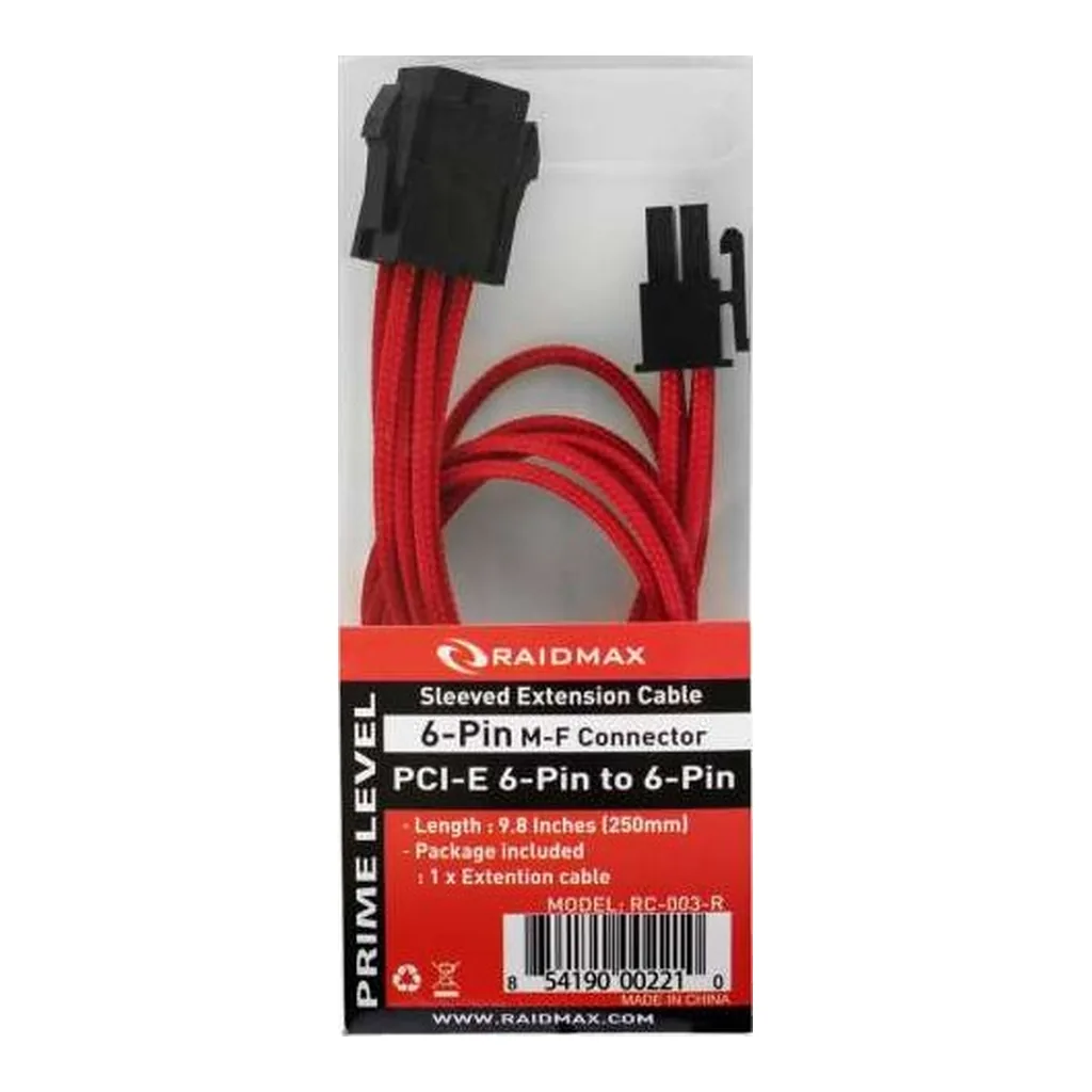 0015d52c7fee47e5779a6405bd9ef71b-hi.jpg RAIDMAX 6-Pin PCIe Sleeved Extension Cable, 9.8 in., Red (RC-003-RED)