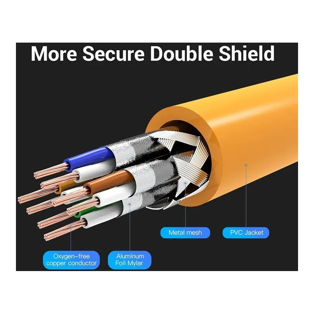 06dd2f74d2bd7ac172403b25935061ad-hi.jpg Vention CAT.6A SFTP Lan Cable, 10Gbps Transfer Rate, Oxygen-free Copper Conductor, Aluminum Foil + Metal Mesh Shielding, PVC Jacket, 305m Cable Length, Orange