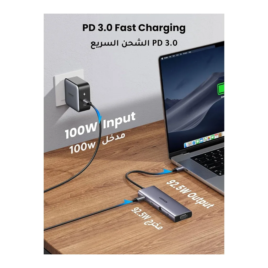 0973deef1c5afe3ca524d76987045c49-hi.jpg UGREEN 10 in 1 USB C Hub, Up to 4K @ 30Hz Display, 1Gbps Ethernet Speed, 100W Passthrough, 5Gbps Data Transfer Rate, 3.5mm Audio, RJ45 Ethernet, HDMI, USB-C, 3x USB-A, SD/TF Card Slot, VGA | 15601