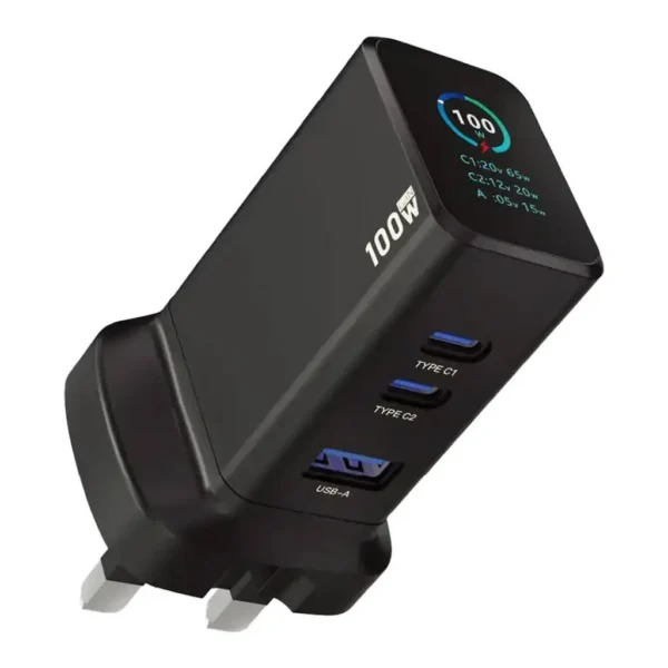 0b214658fb304a00ce658844219ae21b-hi.jpg Powerology GaNex 100W Multi Port Adapter, GaN Fast Charger, 2 USB C PD PPS, 1 USB A QC Port, Smart Info Display, Foldable UK Plug, Multi Device Charging, Built In Protection | PWC2418BK