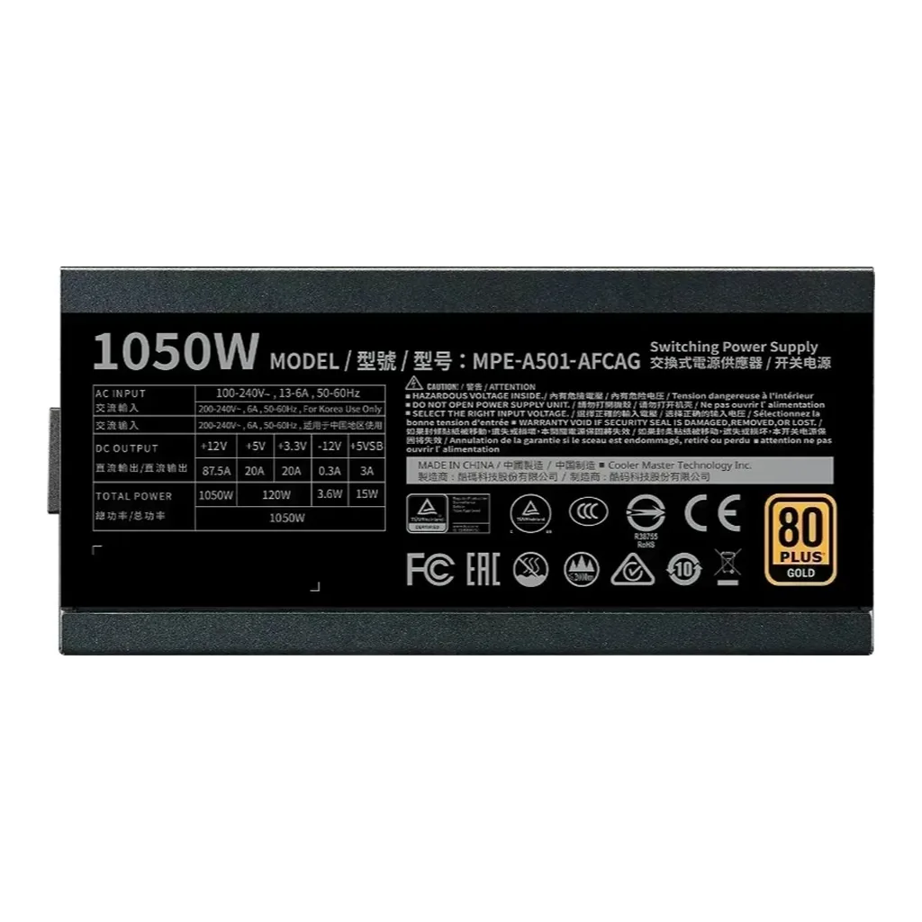 0e56b50e65ee6097c6f78a81f74df006-hi.jpg Cooler Master GX Gold 1050W V2 Fully Modular PSU Power Supply, 2200 RPM, 47-63Hz, Fan Size 140mm, Black | MPE-A501-AFCAG-UK