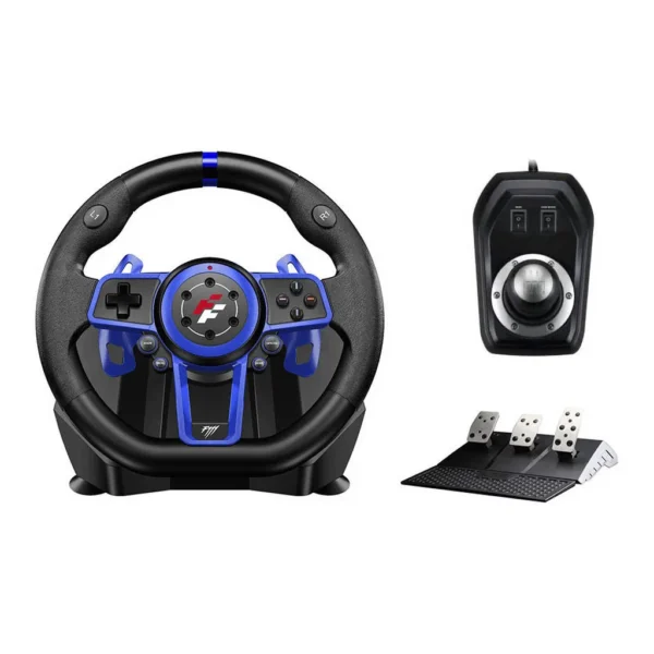 0e56bd6e9acfc99e47d8586738fb444b-hi.jpg Flashfire Suzuka Wheel F111 Racing Wheel Set, Clutch Pedals, H-Shifter, Hall-Effect Steering Sensor, Vibration Feedback Function, Dual Motors, Adjustable Rotation 270° and 900°, Blue/Black