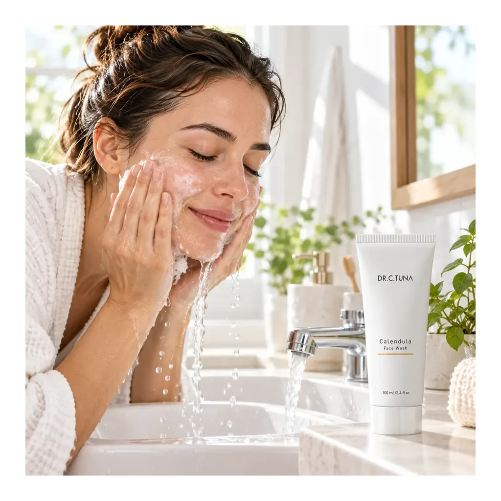 Farmasi Calendula Face Wash — Bathroom lifestyle Farmasi Calendula Face Wash in bathroom cleansing scene