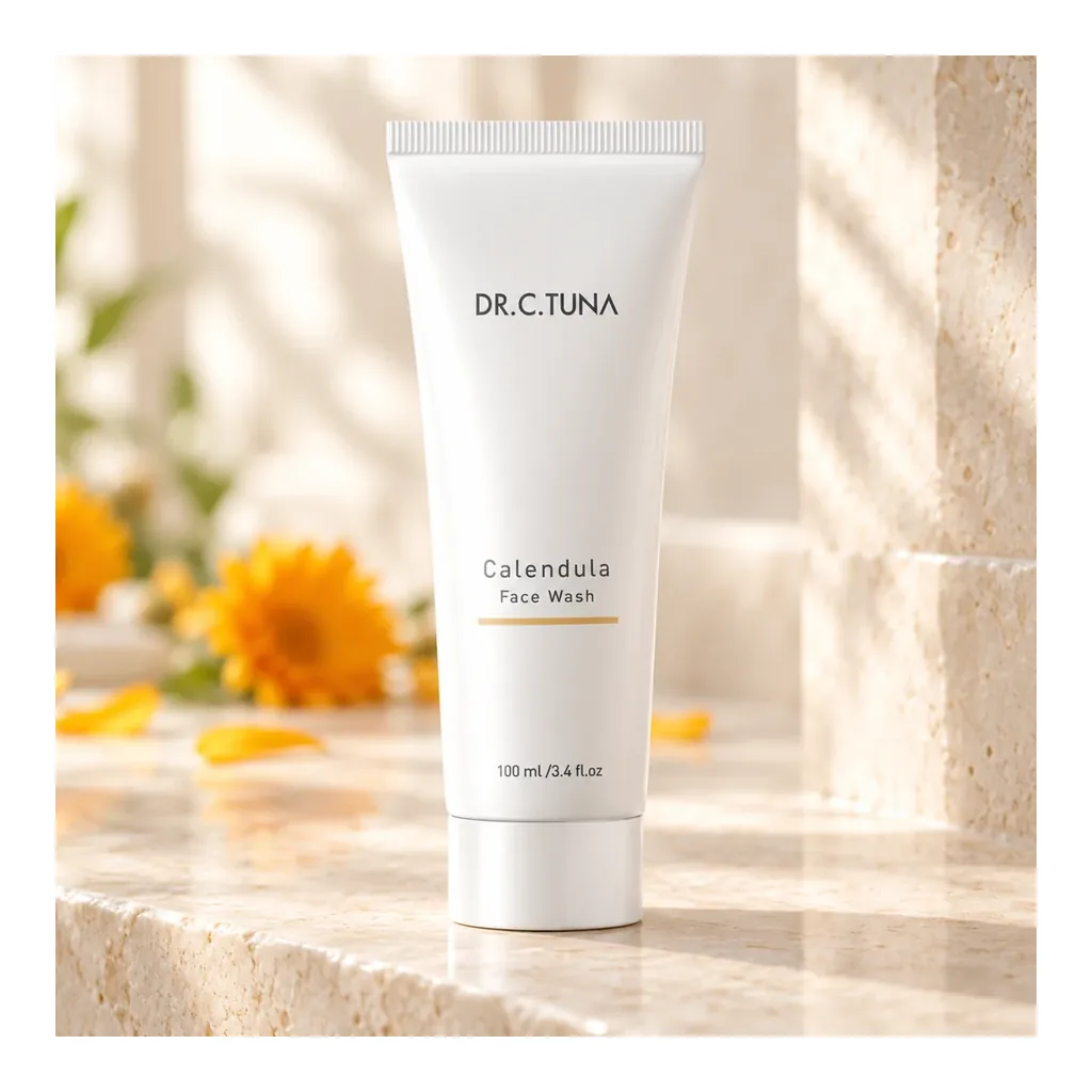 Farmasi Calendula Face Wash — Styled scene Farmasi Calendula Face Wash in warm bathroom setting