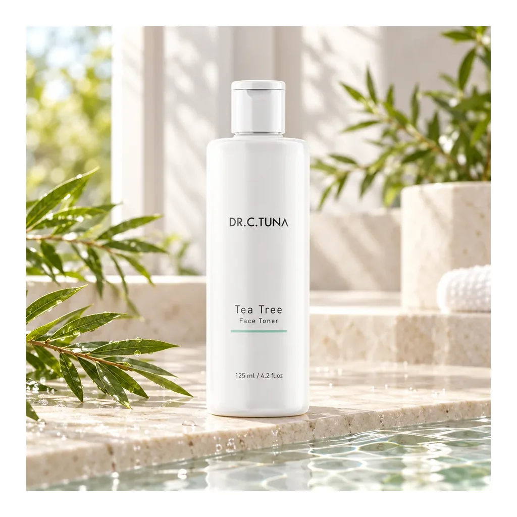 Farmasi Tea Tree Face Toner — Styled scene Farmasi Tea Tree Face Toner bottle in a styled bathroom scene