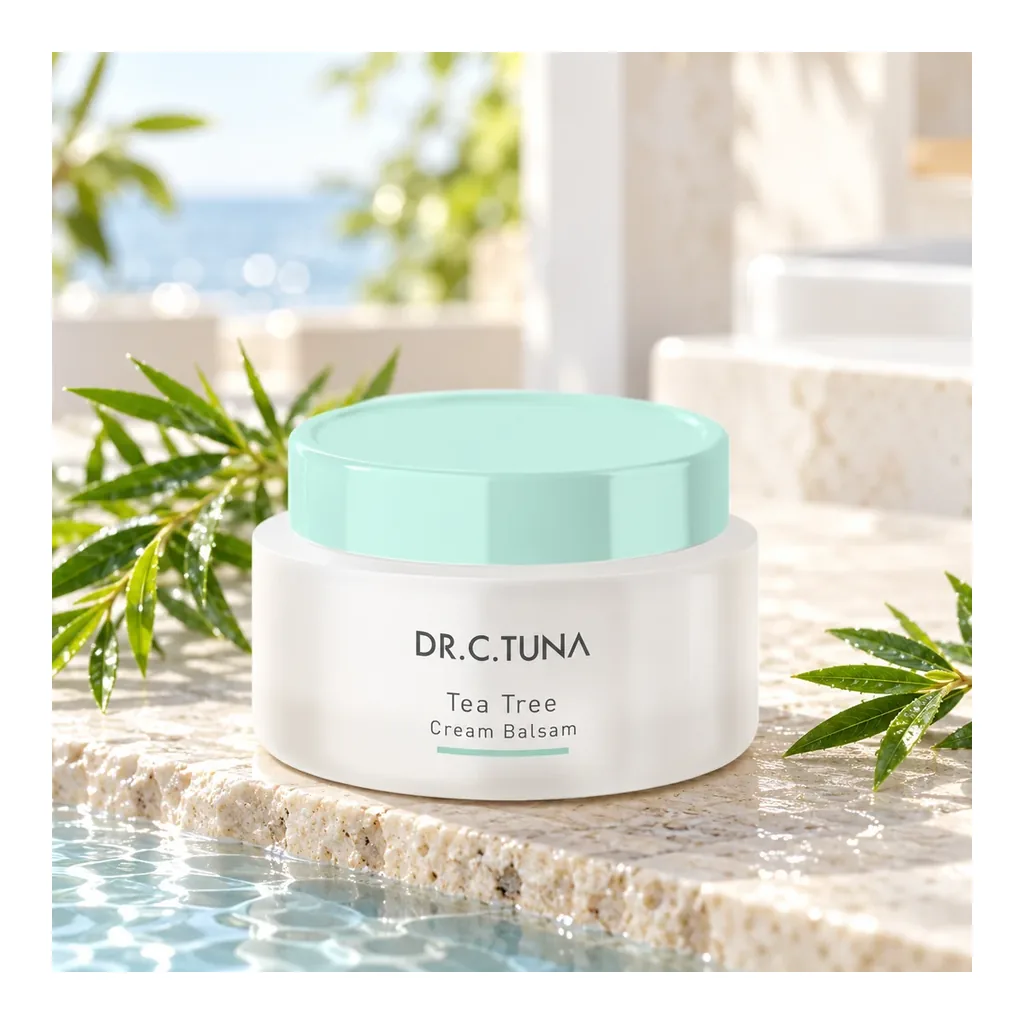 Farmasi Tea Tree Cream Balsam — Styled scene Farmasi Tea Tree Cream Balsam jar in a styled scene