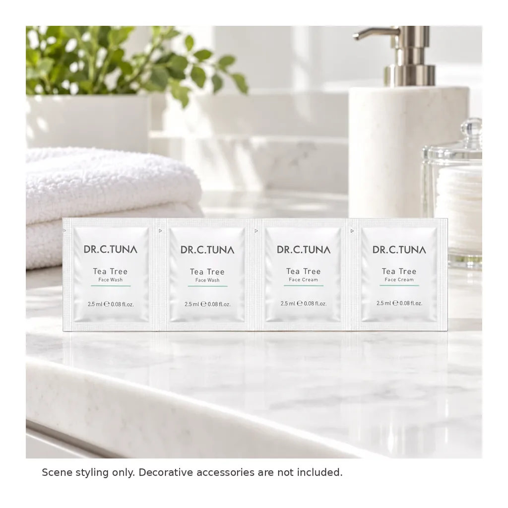 FARMASI Dr. C. Tuna Tea Tree Tester — 4 x 2.5 ml Sachets – Styled countertop scene; decorative accessories not included FARMASI Dr. C. Tuna Tea Tree Tester — 4 x 2.5 ml Sachets – Styled countertop scene; decorative accessories not included