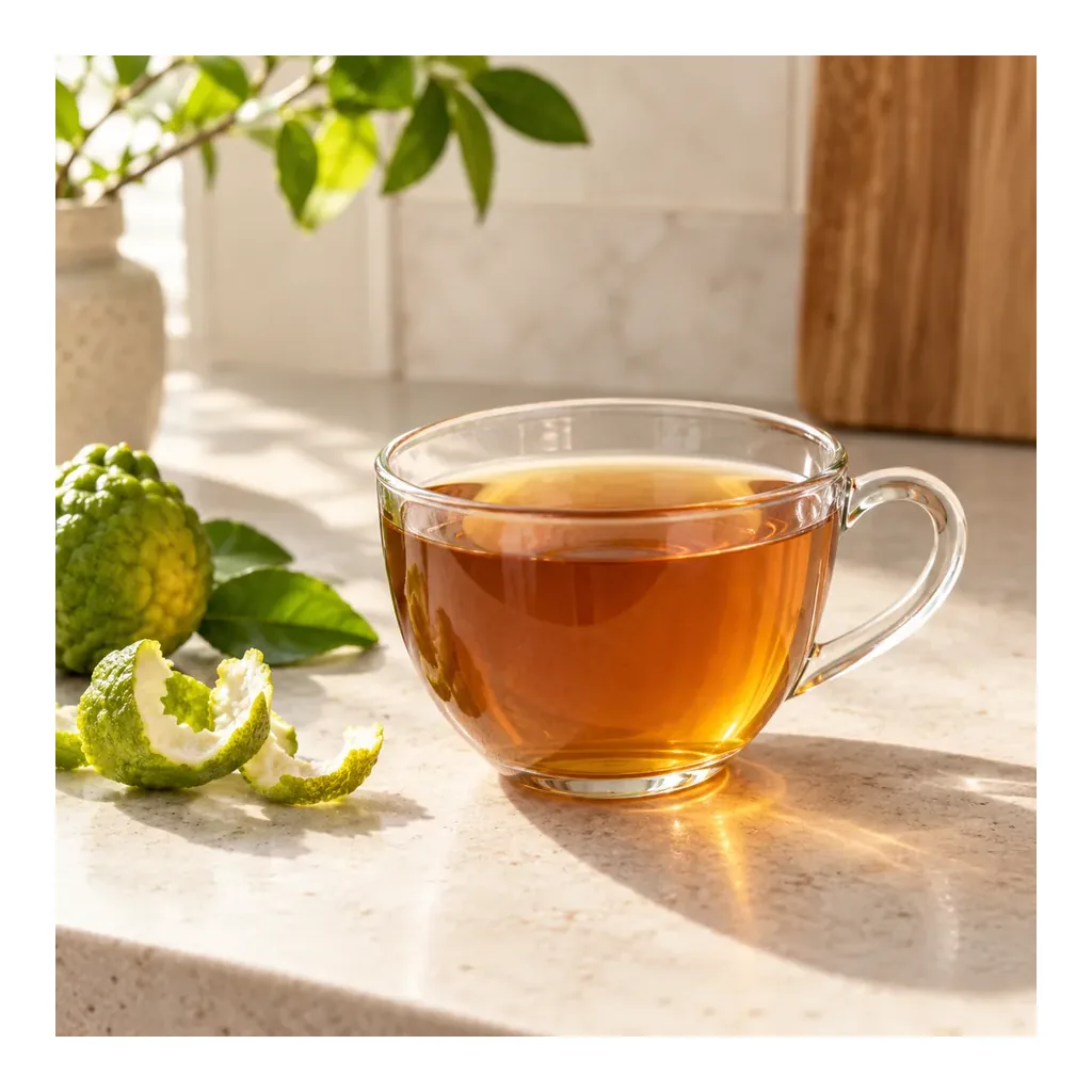 1000820-02-nutriplus-serenity-earl-grey-tea-earl-grey-tea-scene Cup of Earl Grey tea with bergamot in a styled scene; serving suggestion