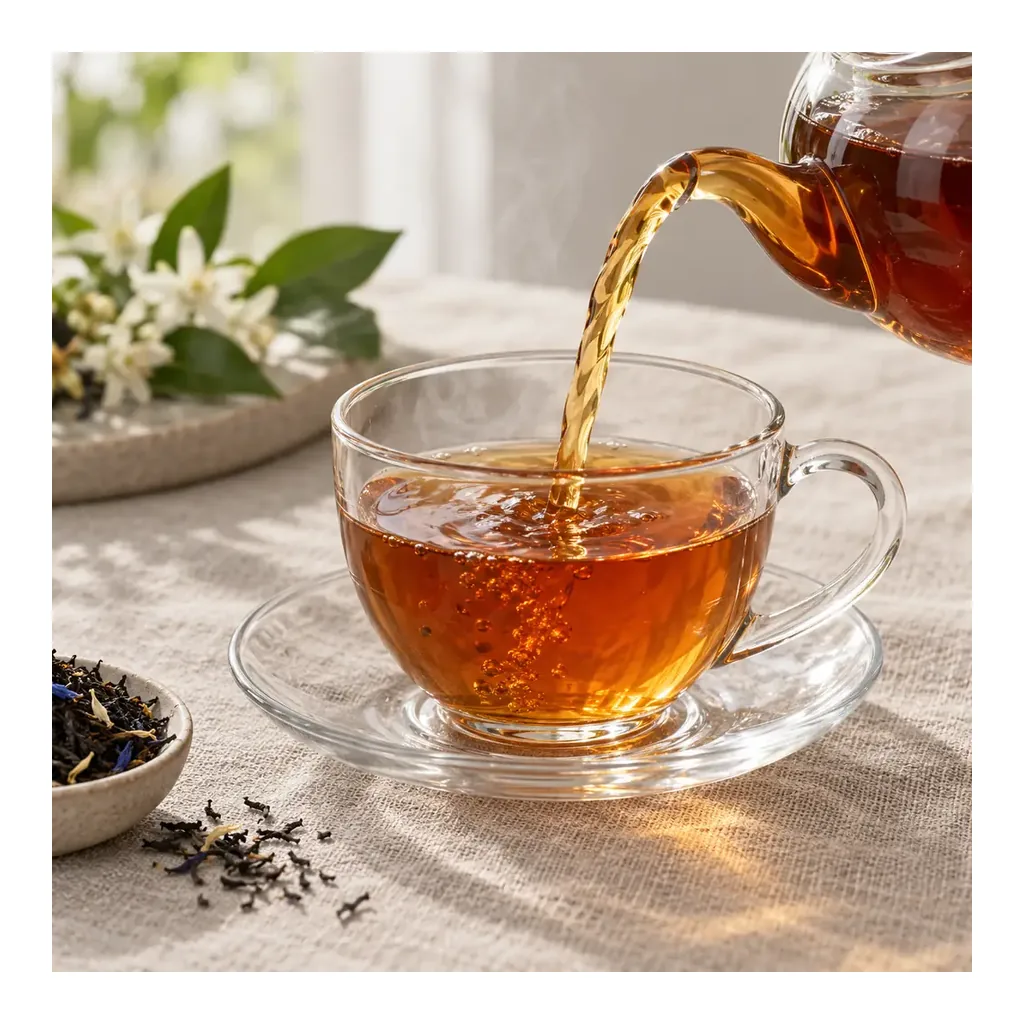 1000820-04-nutriplus-serenity-earl-grey-tea-hot-tea-pouring-scene Hot tea being poured into a cup; serving suggestion