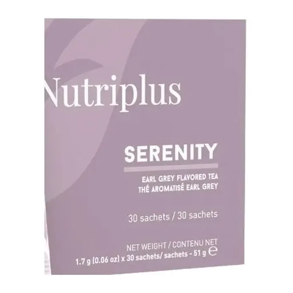 1000820-09-nutriplus-serenity-earl-grey-tea-official-30-sachets-package-detail Official packaging detail showing 30 sachets and net weight