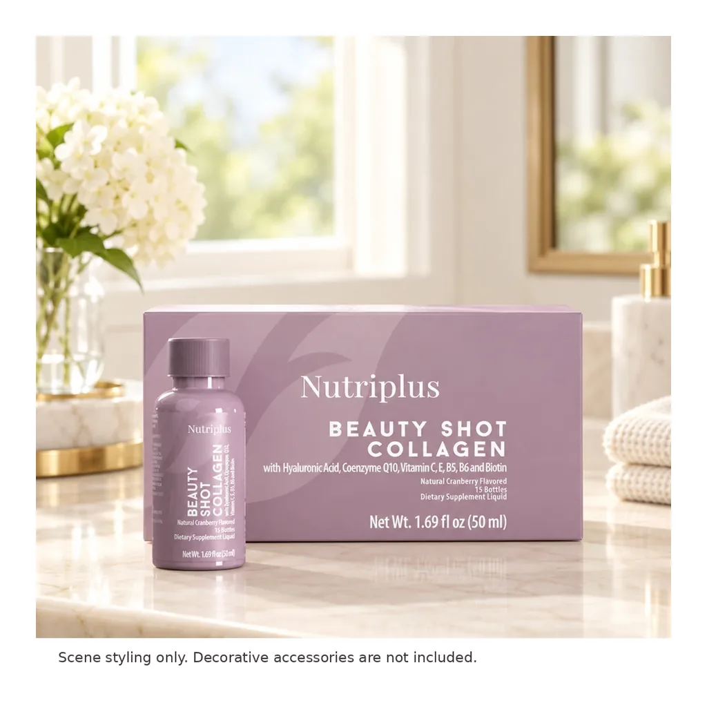 FARMASI Nutriplus Beauty Shot Collagen — Natural Cranberry, 15 x 50 ml – Styled countertop scene; decorative accessories not included FARMASI Nutriplus Beauty Shot Collagen — Natural Cranberry, 15 x 50 ml – Styled countertop scene; decorative accessories not included
