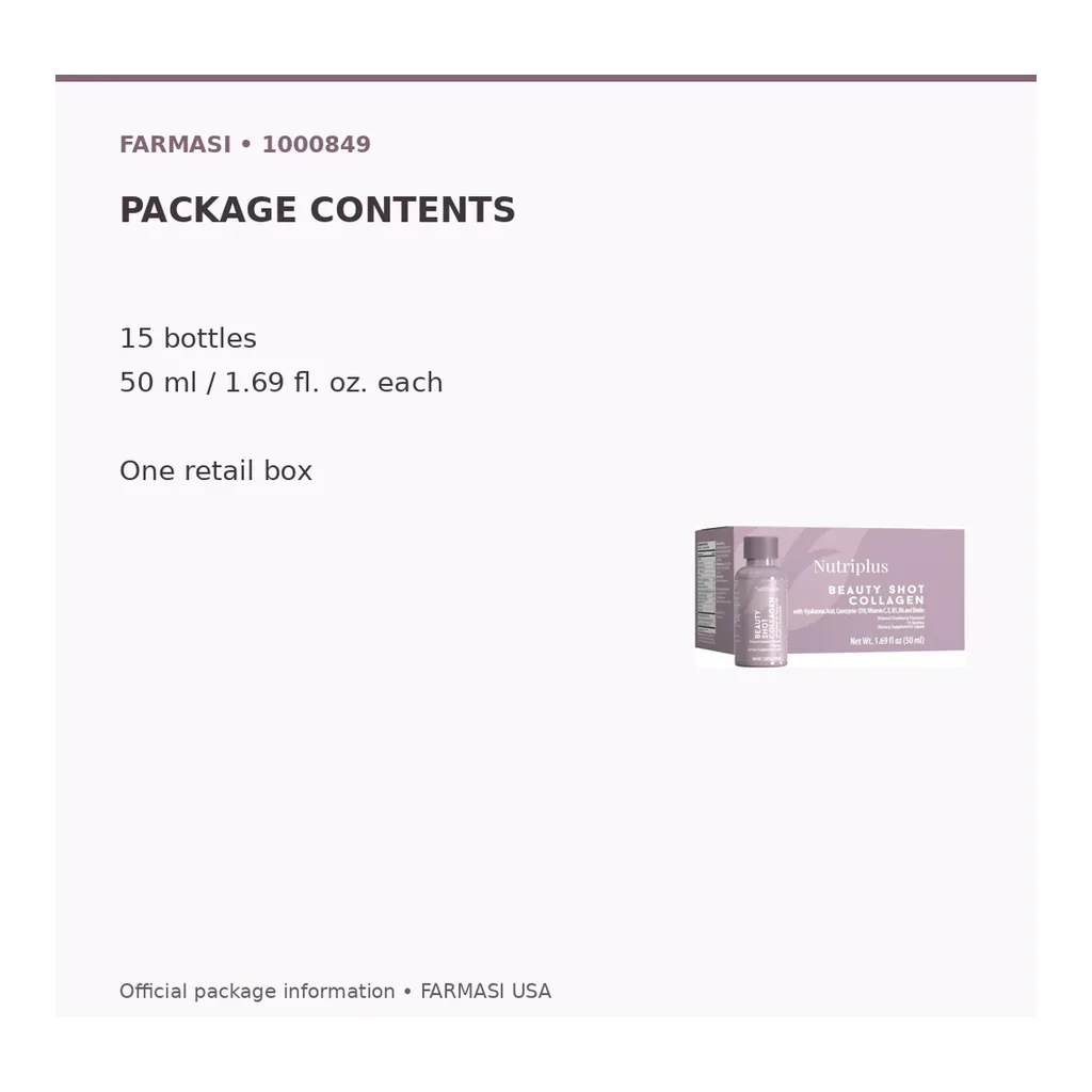 FARMASI Nutriplus Beauty Shot Collagen — Natural Cranberry, 15 x 50 ml – Verified package contents FARMASI Nutriplus Beauty Shot Collagen — Natural Cranberry, 15 x 50 ml – Verified package contents