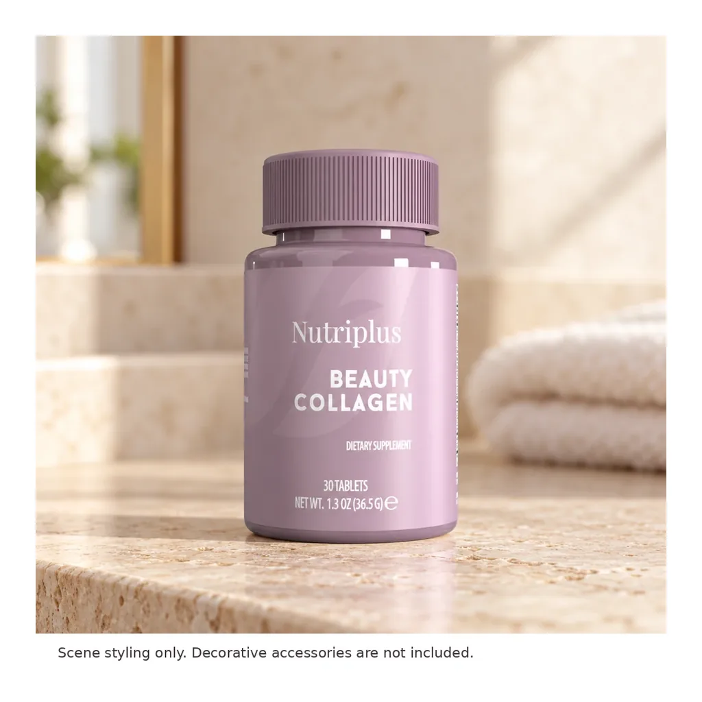 FARMASI Nutriplus Collagen Tablets 30 Tablets — Styled lifestyle scene; decorative accessories not included FARMASI Nutriplus Collagen Tablets 30 Tablets — Styled lifestyle scene; decorative accessories not included