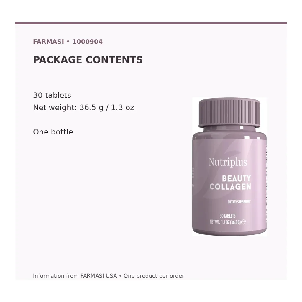 FARMASI Nutriplus Collagen Tablets 30 Tablets — Package contents and net weight FARMASI Nutriplus Collagen Tablets 30 Tablets — Package contents and net weight