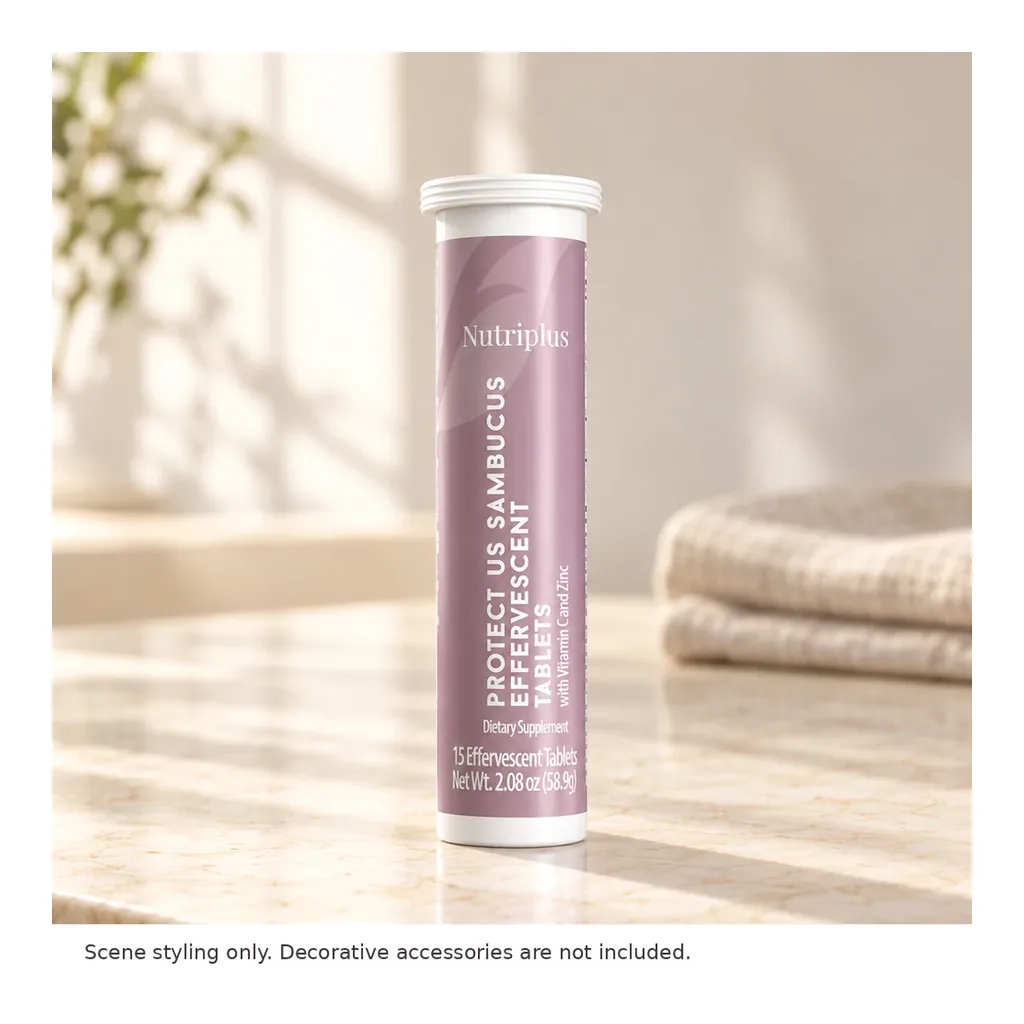 FARMASI Nutriplus Sambucus Effervescent Tablets, 15 Tablets – Styled countertop scene; decorative accessories not included FARMASI Nutriplus Sambucus Effervescent Tablets, 15 Tablets – Styled countertop scene; decorative accessories not included