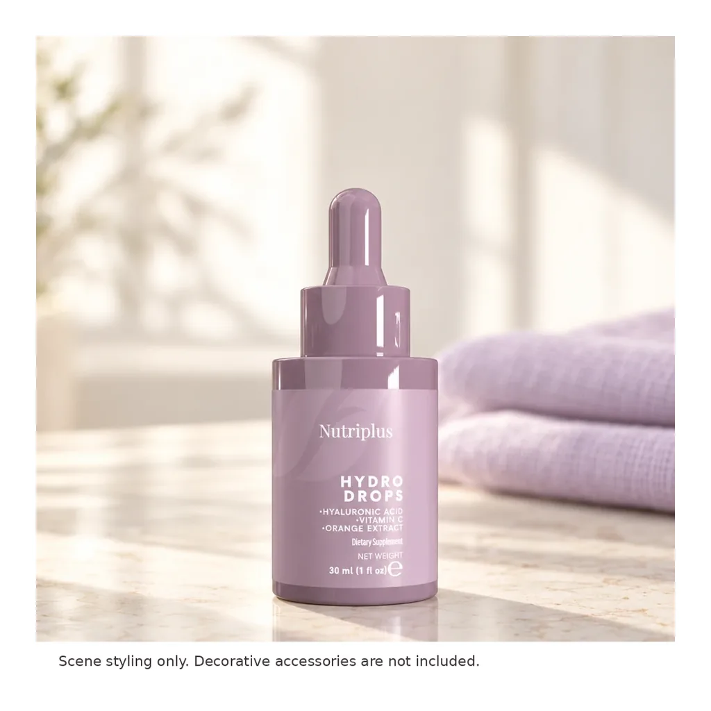FARMASI Nutriplus Hydro Drops – 30 mL – Styled countertop scene; decorative accessories not included FARMASI Nutriplus Hydro Drops – 30 mL – Styled countertop scene; decorative accessories not included