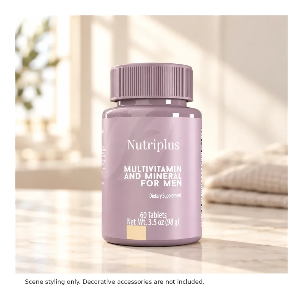 FARMASI Nutriplus Multivitamin and Mineral for Men, 60 Tablets – Styled countertop scene; decorative accessories not included FARMASI Nutriplus Multivitamin and Mineral for Men, 60 Tablets – Styled countertop scene; decorative accessories not included