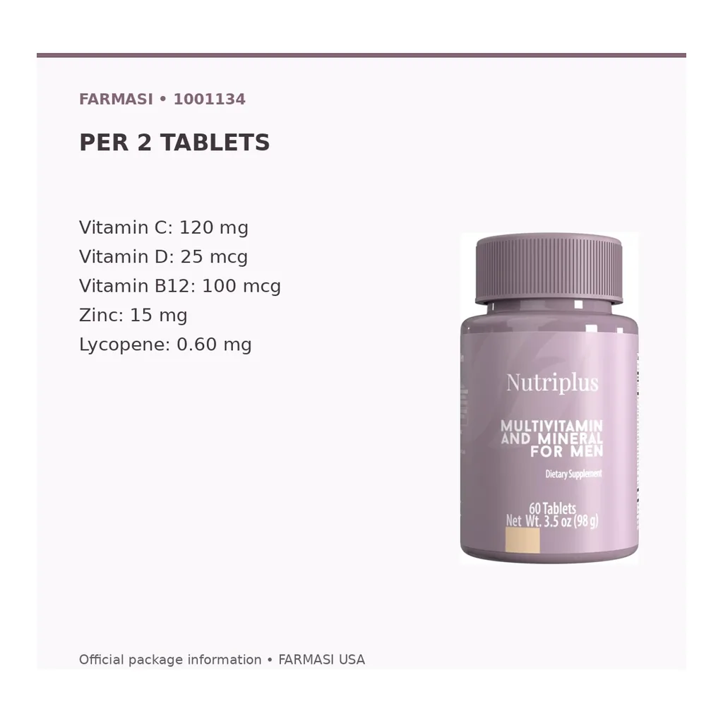 FARMASI Nutriplus Multivitamin and Mineral for Men, 60 Tablets – Verified ingredients and dosage FARMASI Nutriplus Multivitamin and Mineral for Men, 60 Tablets – Verified ingredients and dosage