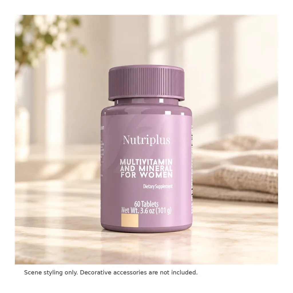 FARMASI Nutriplus Multivitamin and Mineral for Women, 60 Tablets – Styled countertop scene; decorative accessories not included FARMASI Nutriplus Multivitamin and Mineral for Women, 60 Tablets – Styled countertop scene; decorative accessories not included
