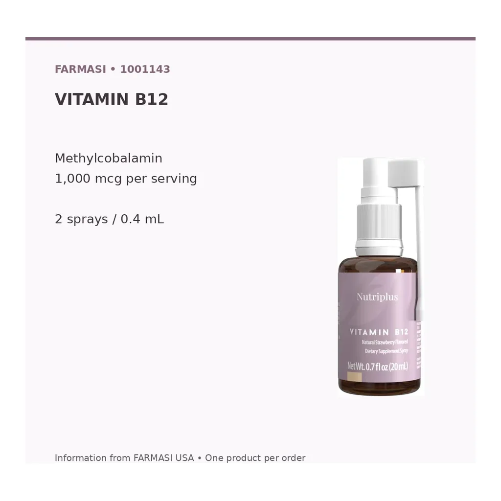 FARMASI Nutriplus Vitamin B12 Oral Spray – 20 mL – Verified ingredients and dosage FARMASI Nutriplus Vitamin B12 Oral Spray – 20 mL – Verified ingredients and dosage