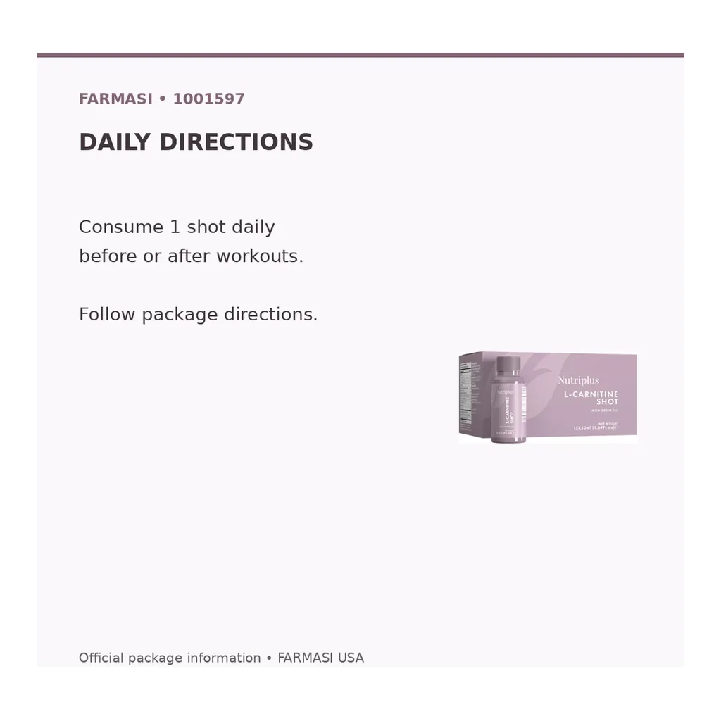 FARMASI Nutriplus L-Carnitine Shot, 15 × 50 mL – Official daily directions FARMASI Nutriplus L-Carnitine Shot, 15 × 50 mL – Official daily directions