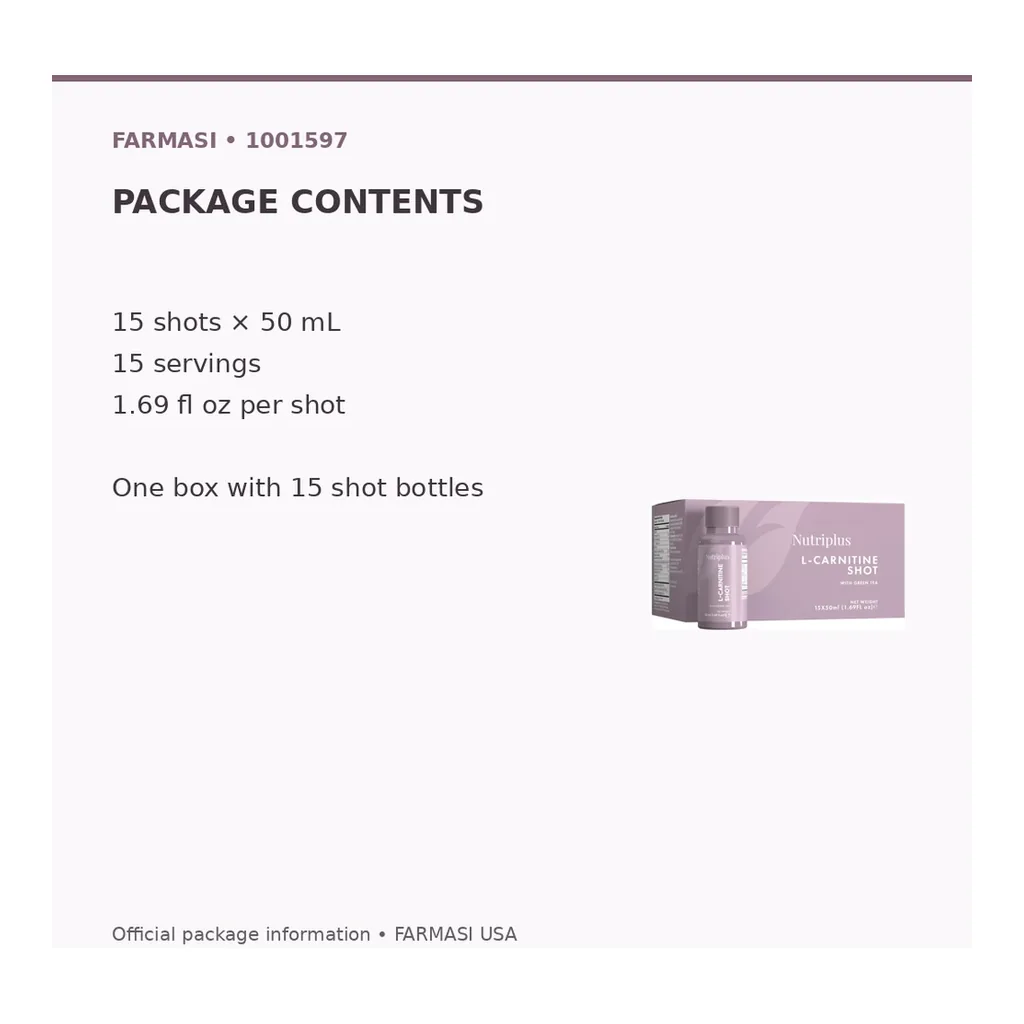 FARMASI Nutriplus L-Carnitine Shot, 15 × 50 mL – Verified package contents FARMASI Nutriplus L-Carnitine Shot, 15 × 50 mL – Verified package contents