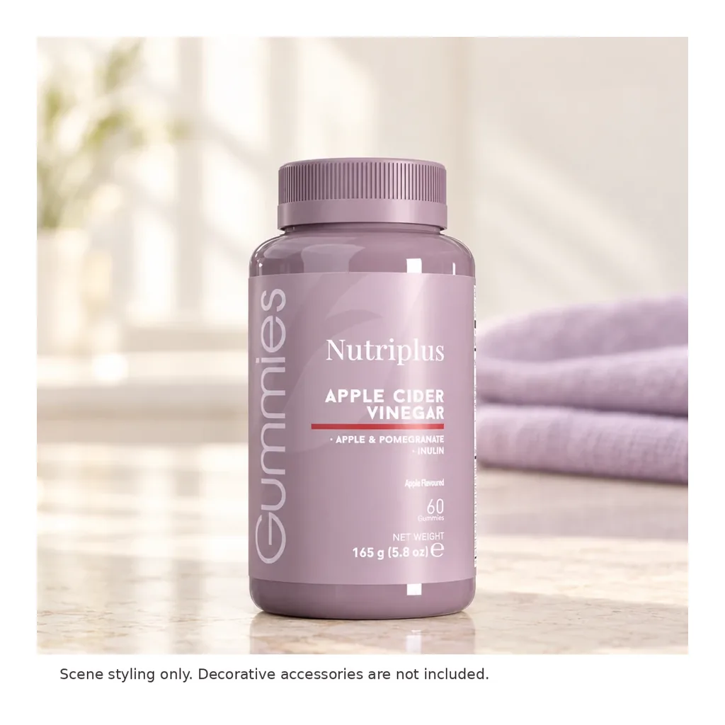 FARMASI Nutriplus Apple Cider Vinegar Gummies – 60 Gummies – Styled countertop scene; decorative accessories not included FARMASI Nutriplus Apple Cider Vinegar Gummies – 60 Gummies – Styled countertop scene; decorative accessories not included