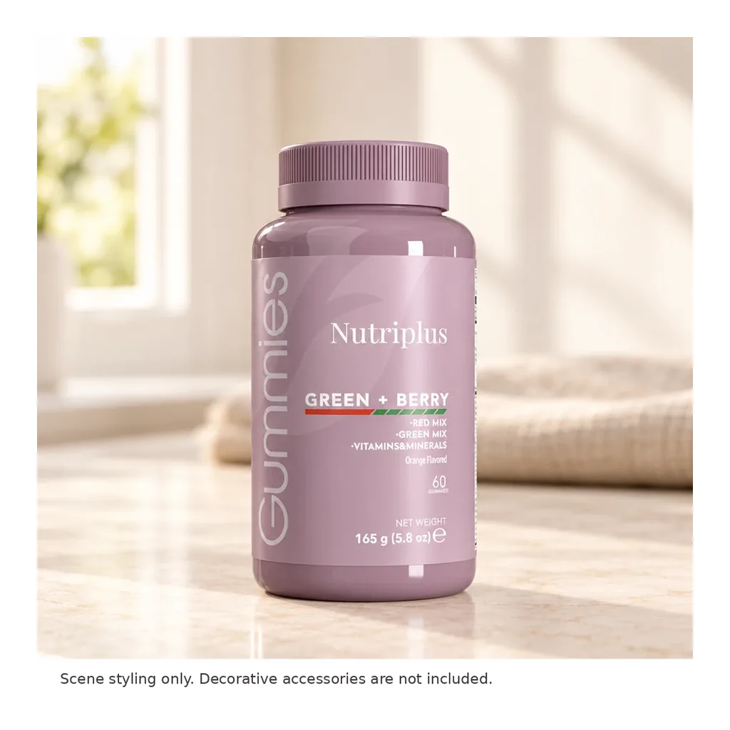 FARMASI Nutriplus Green & Berry Gummies, 60 Gummies – Styled countertop scene; decorative accessories not included FARMASI Nutriplus Green & Berry Gummies, 60 Gummies – Styled countertop scene; decorative accessories not included