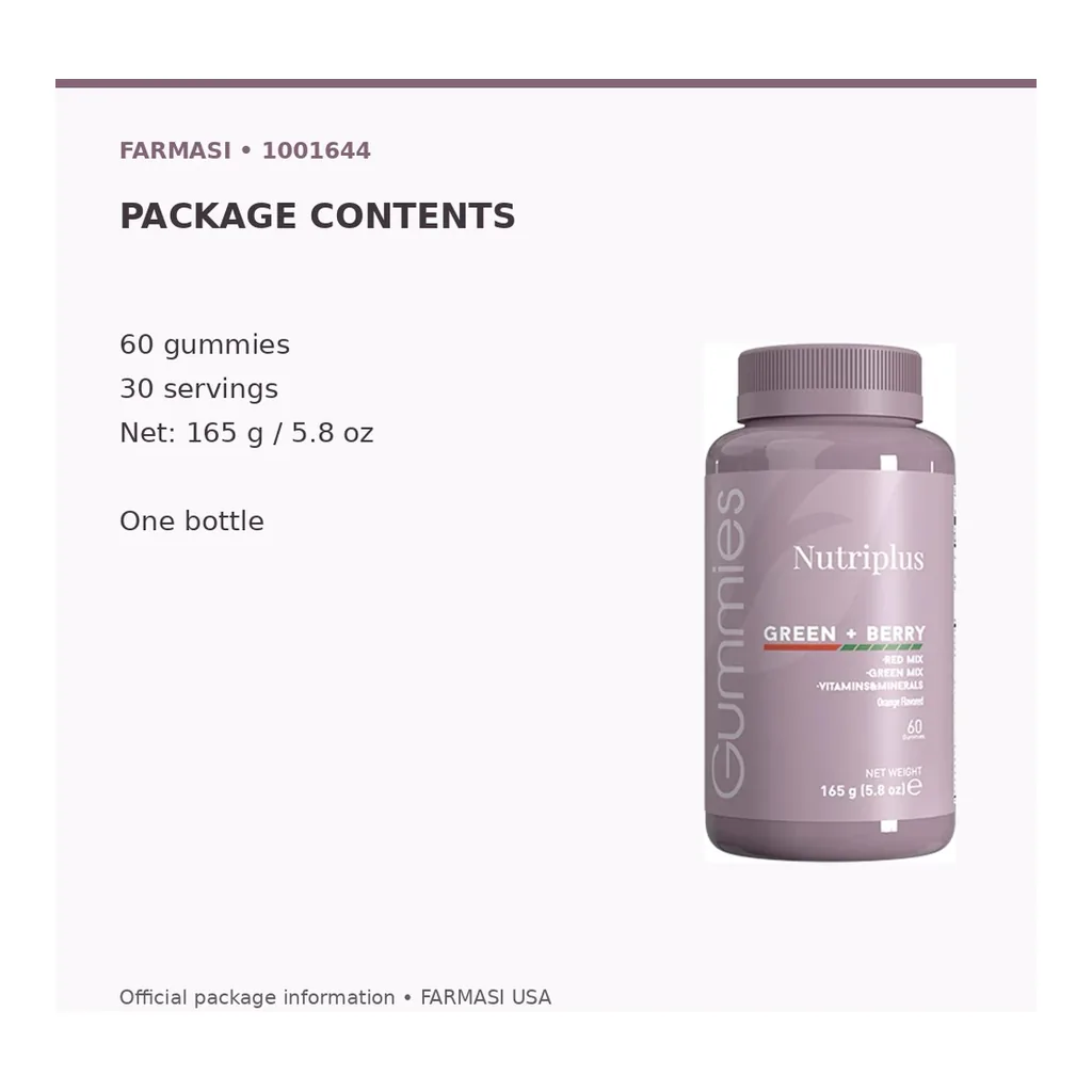 FARMASI Nutriplus Green & Berry Gummies, 60 Gummies – Verified package contents FARMASI Nutriplus Green & Berry Gummies, 60 Gummies – Verified package contents