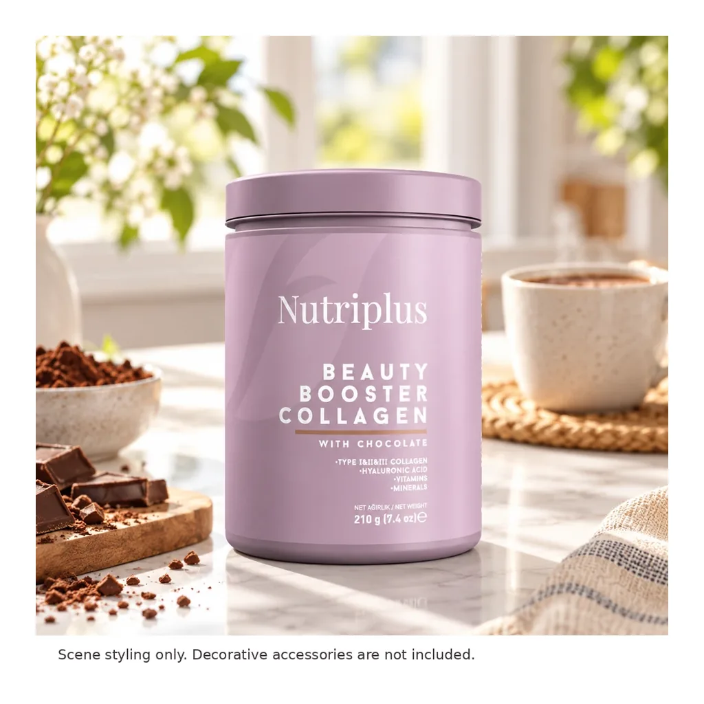 FARMASI Nutriplus Beauty Booster Collagen – Chocolate, 210 g – Styled product scene; accessories not included FARMASI Nutriplus Beauty Booster Collagen – Chocolate, 210 g – Styled product scene; accessories not included