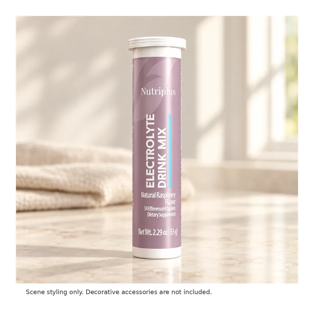 FARMASI Nutriplus Electrolyte Drink Mix, Natural Raspberry, 14 Effervescent Tablets – Styled countertop scene; decorative accessories not included FARMASI Nutriplus Electrolyte Drink Mix, Natural Raspberry, 14 Effervescent Tablets – Styled countertop scene; decorative accessories not included