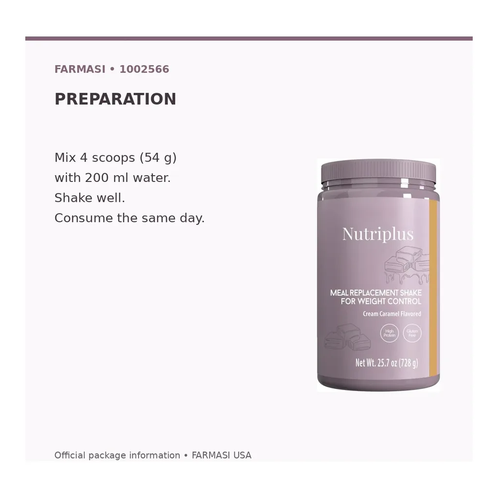 FARMASI Nutriplus Shake – Cream Caramel, 728 g – Preparation directions FARMASI Nutriplus Shake – Cream Caramel, 728 g – Preparation directions