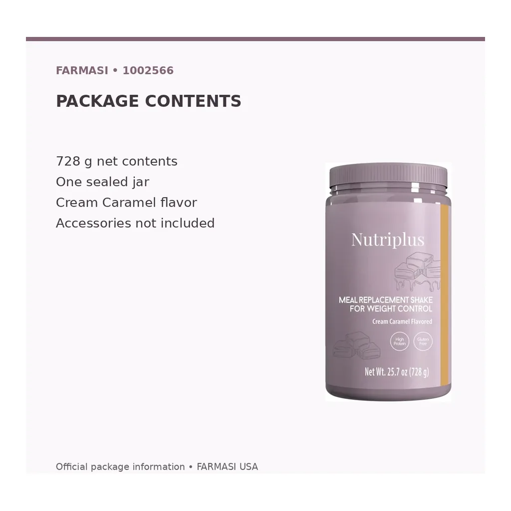 FARMASI Nutriplus Shake – Cream Caramel, 728 g – Package contents FARMASI Nutriplus Shake – Cream Caramel, 728 g – Package contents