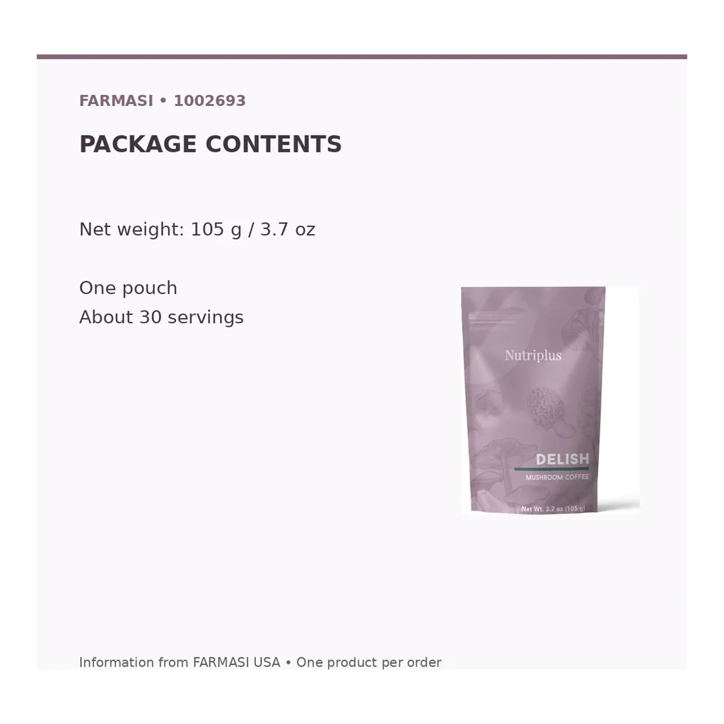 FARMASI Delish Mushroom Coffee 105 g — Package contents and net weight FARMASI Delish Mushroom Coffee 105 g — Package contents and net weight