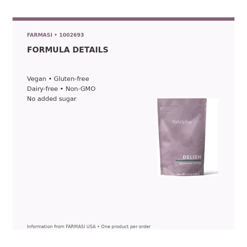 FARMASI Delish Mushroom Coffee 105 g — Formula details FARMASI Delish Mushroom Coffee 105 g — Vegan, gluten-free, dairy-free, Non-GMO, no added sugar formula information