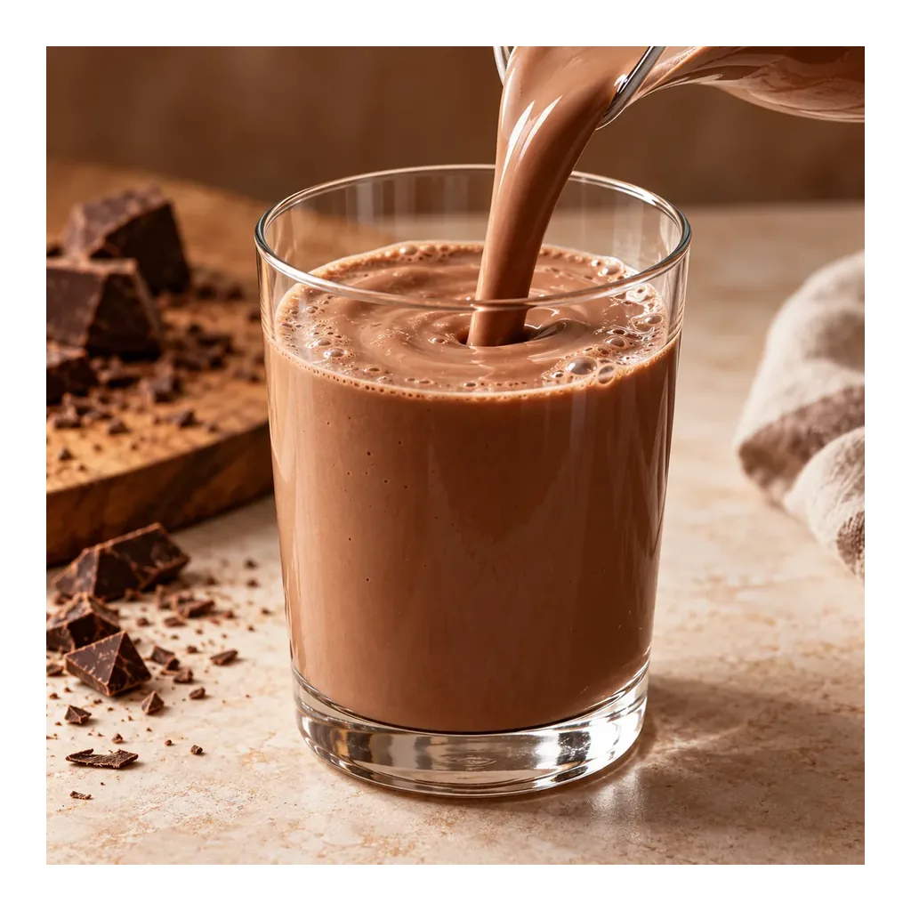 1002911-06-nutriplus-shake-velvet-chocolate-shake-pouring-scene Farmasi Nutriplus Shake Velvet Chocolate, 728 g — chocolate shake poured into a glass