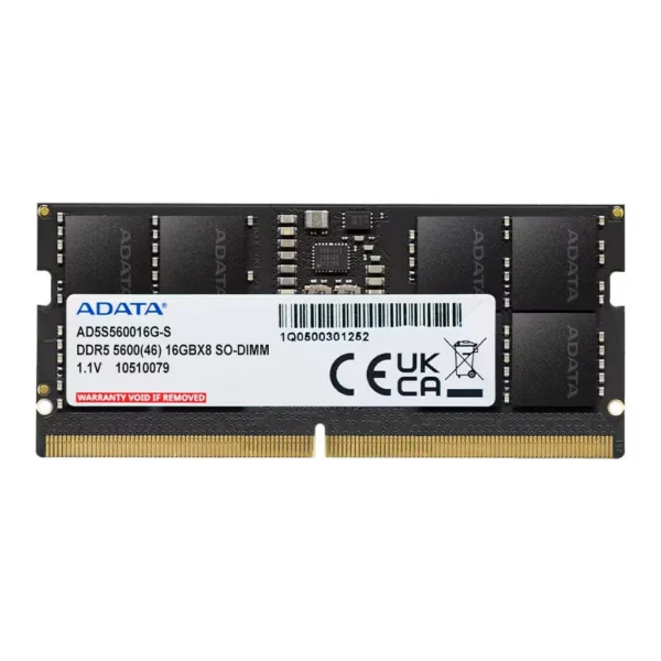 Adata DDR5 SO-DIMM Laptop Memory, 16GB Capacity, 5600 MHz Memory Speed, CL46 CAS Latency, 1.1 Voltage, On-Die Error | AD5S560016G-S - Image 1 Adata DDR5 SO-DIMM Laptop Memory, 16GB Capacity, 5600 MHz Memory Speed, CL46 CAS Latency, 1.1 Voltage, On-Die Error | AD5S560016G-S - Image 1