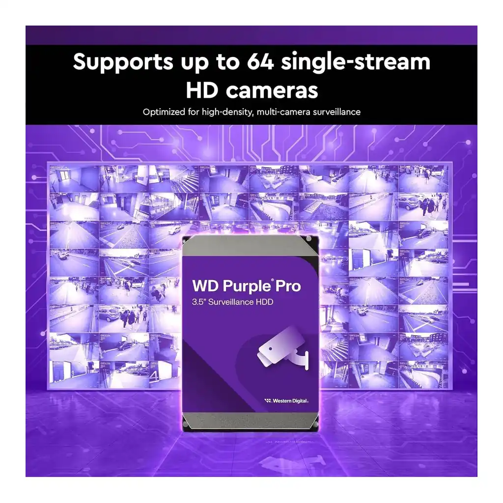 131774191a1815f6eacfd23b547ab0c4-hi.jpg Western Digital Purple Pro Smart Video Internal Hard Drive, 18TB, 3.5" SATA, 7200 RPM, 512MB Cache, 272MB/s Transfer Rate, CMR, AllFrame AI, 550TB/Yr Workload | WD181PURP