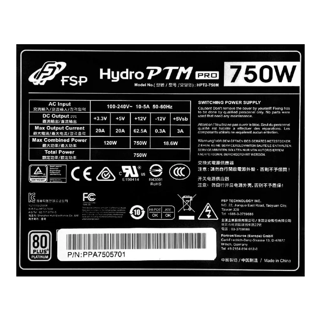 1451ce09d2d817d3dde740fc823e8adb-hi.jpg FSP Hydro PTM 750W Full Modular Power Supply, 80 Plus Platinum, 12V Single Rail, 135mm FDB Fan, ATX | HPT2-750M / PPA7505704