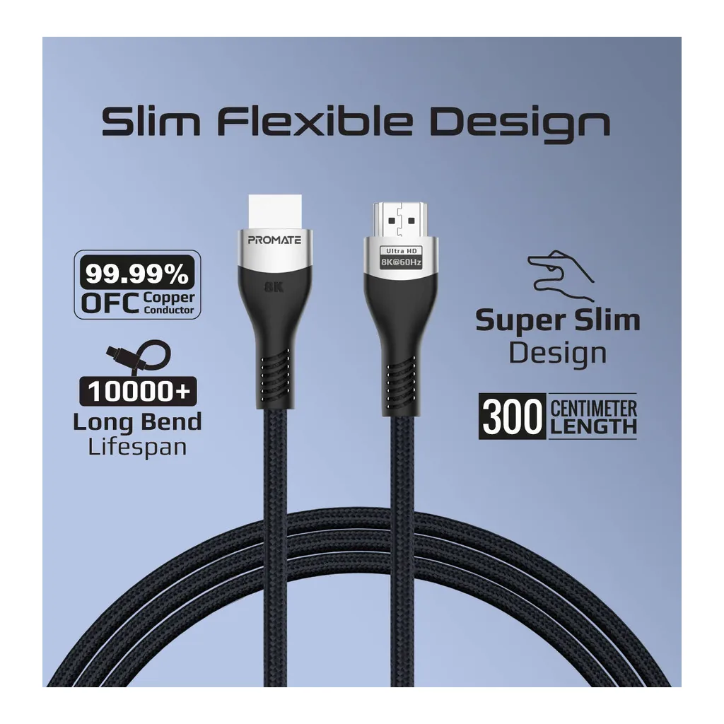 175ca8c6cc90b186f992ecd89484cde8-hi.jpg Promate PrimeLink8K-300 Certified Ultra-High-Speed HDMI 2.1 Cable, 3m, 8K@60Hz, 48Gbps, Dynamic HDR, eARC, Gold-Plated Connectors, Slim Flexible Design, Black