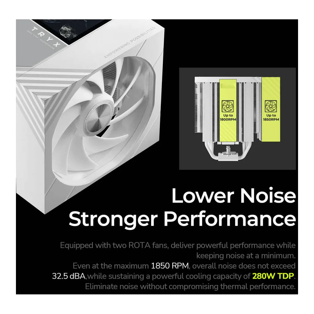 TRYX TURRIS 620 Dual-Tower Air CPU Cooler, White | H-T620N-DM2M-G0W - Image 6 TRYX TURRIS 620 Dual-Tower Air CPU Cooler, White | H-T620N-DM2M-G0W