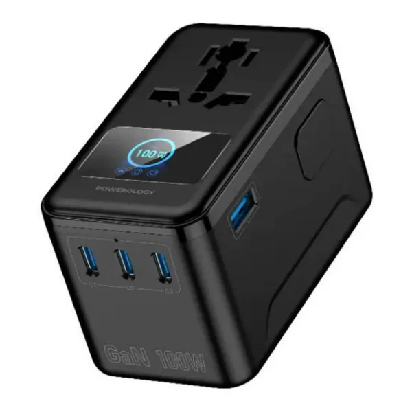 1b8a6df925aca27d015c120cfad1afac-md.jpg Powerology VoltVoya GaN Travel Adapter, PD 100W Fast Charging Universal World Plug Adapter, USB-C Multi-Port Charger, Black | PWCUQC071BK