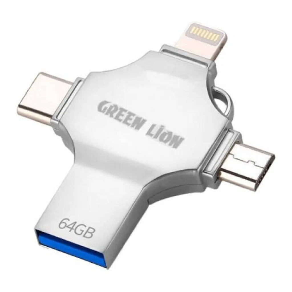 1f1793dee197a031d0c3388976b13b0d-hi.jpg Green Lion 4-In-1 USB Flash Drive, 64GB Capacity, USB 3.0 High-Speed, Lightning, USB-C, Micro USB & USB-A, Metal Build, Plug-And-Play, Multi-Device Storage Solution, Silver | GN4IN1USB64SL