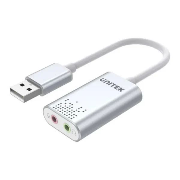 22fb06f5e444c78cc52dafb2f5740df4-md.jpg Unitek USB 2.0 External Sound Card Adapter for Stereo Audio, USB2.0 A-Male Upstream, 1 x DC3.5 Input, 1x DC3.5 Output, 20cm Cable Length, Plug And Play, Aluminium Housing, Silver | Y-247A
