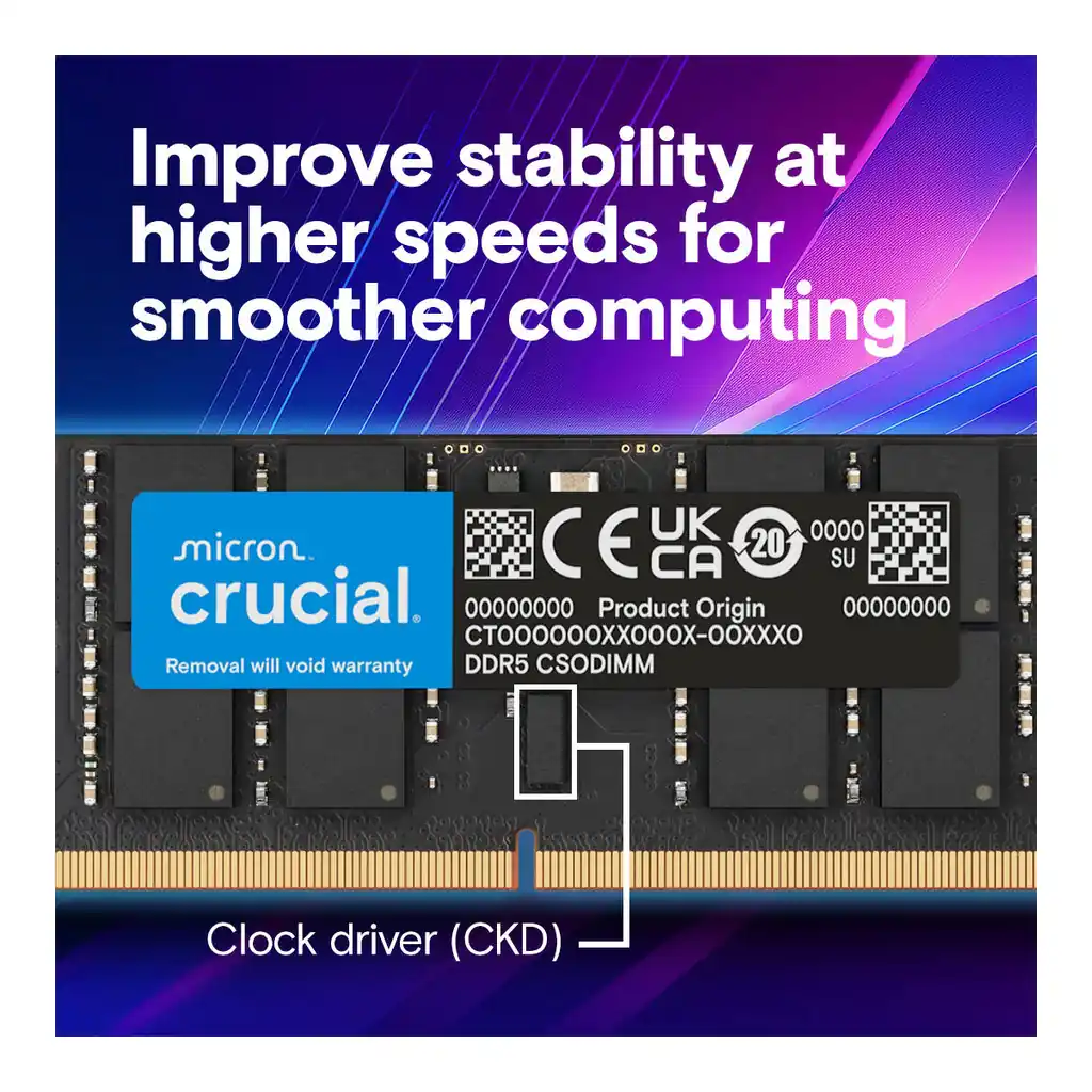 Crucial DDR5 CSODIMM Laptop Memory, 64GB (2x 32 GB) Capacity, 6400 MHz Memory Speed, CL52 CAS Latency, 262-Pin SO-DIMM, Unbuffered DIMM Type, Black | CT2K32G64C52CS5 - Image 5 Crucial DDR5 CSODIMM Laptop Memory, 64GB (2x 32 GB) Capacity, 6400 MHz Memory Speed, CL52 CAS Latency, 262-Pin SO-DIMM, Unbuffered DIMM Type, Black | CT2K32G64C52CS5 - Image 5