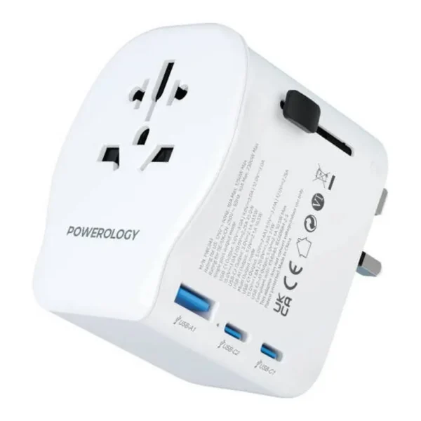 23d0d6b7d33ffc1773187eddf50f1763-md.jpg Powerology Universal 2300W Travel Adapter, USB A & Dual USB C Ports, 45W USB C PD Fast Charging, Earth Grounding Protection, GaN Technology, Multi Device Charging, White | PWCUQC043