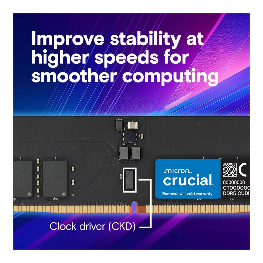 Crucial DDR5 UDIMM Desktop Memory, 32GB Capacity, 6400 MHz Memory Speed, CL52 CAS Latency, 1.1 Voltage, Unbuffered, Non-ECC | CT32G64C52CU5 - Image 5 Crucial DDR5 UDIMM Desktop Memory, 32GB Capacity, 6400 MHz Memory Speed, CL52 CAS Latency, 1.1 Voltage, Unbuffered, Non-ECC | CT32G64C52CU5 - Image 5