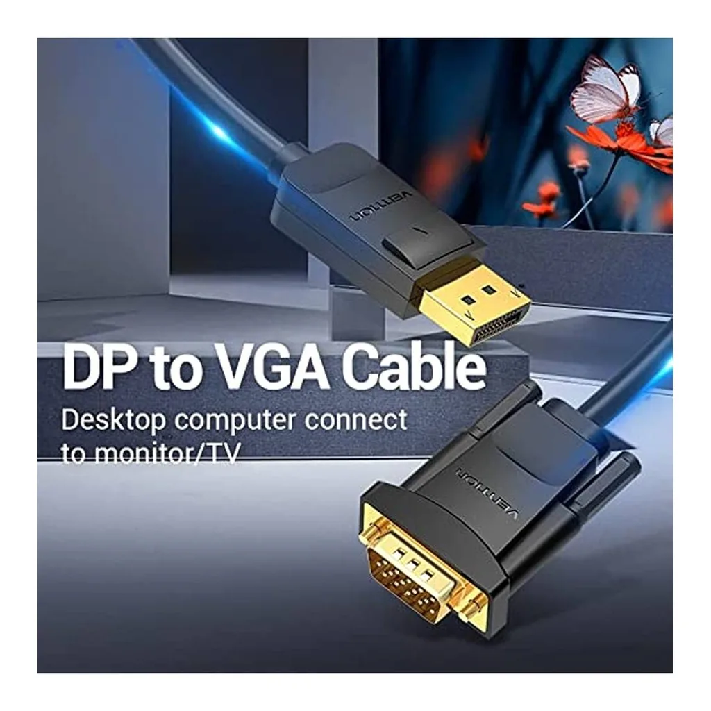 24d6330792e601c1ab55011f67190916-hi.jpg Vention DP to VGA Cable, 1080P HD, Fastener and Ergonomic Design, Gold Platted Interface, 30AWG Core Diameter, 3 Meter, Black | HBLBI