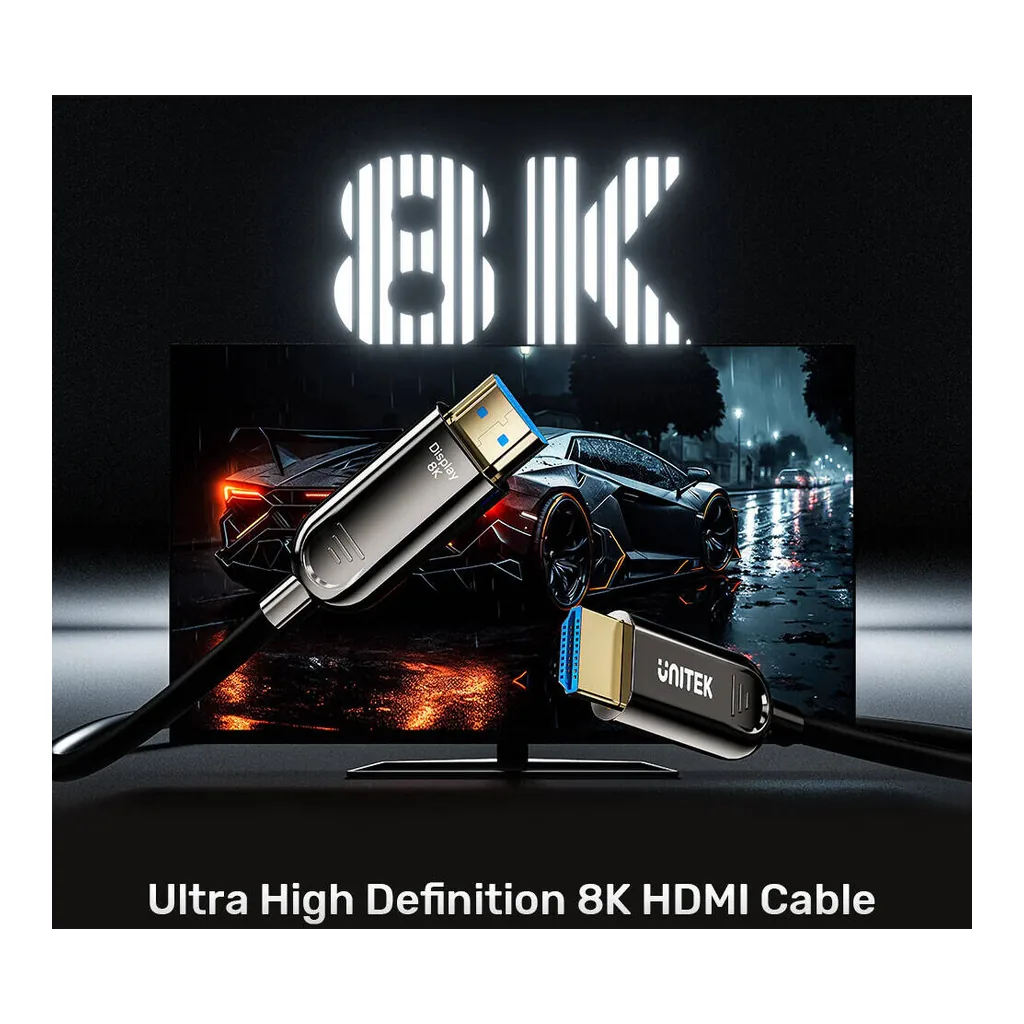 25649bf64f022bf900935d23978e9808-hi.jpg Unitek Fiber Optic 8K HDMI Cable, 8K@60Hz Resolution, Up To 48Gbps Bandwidth, 24K Gold-Plated Plug, Dynamic HDR10, eARC, ALLM, 30AWG, Alloy Housing, 10M Cable Length, Black