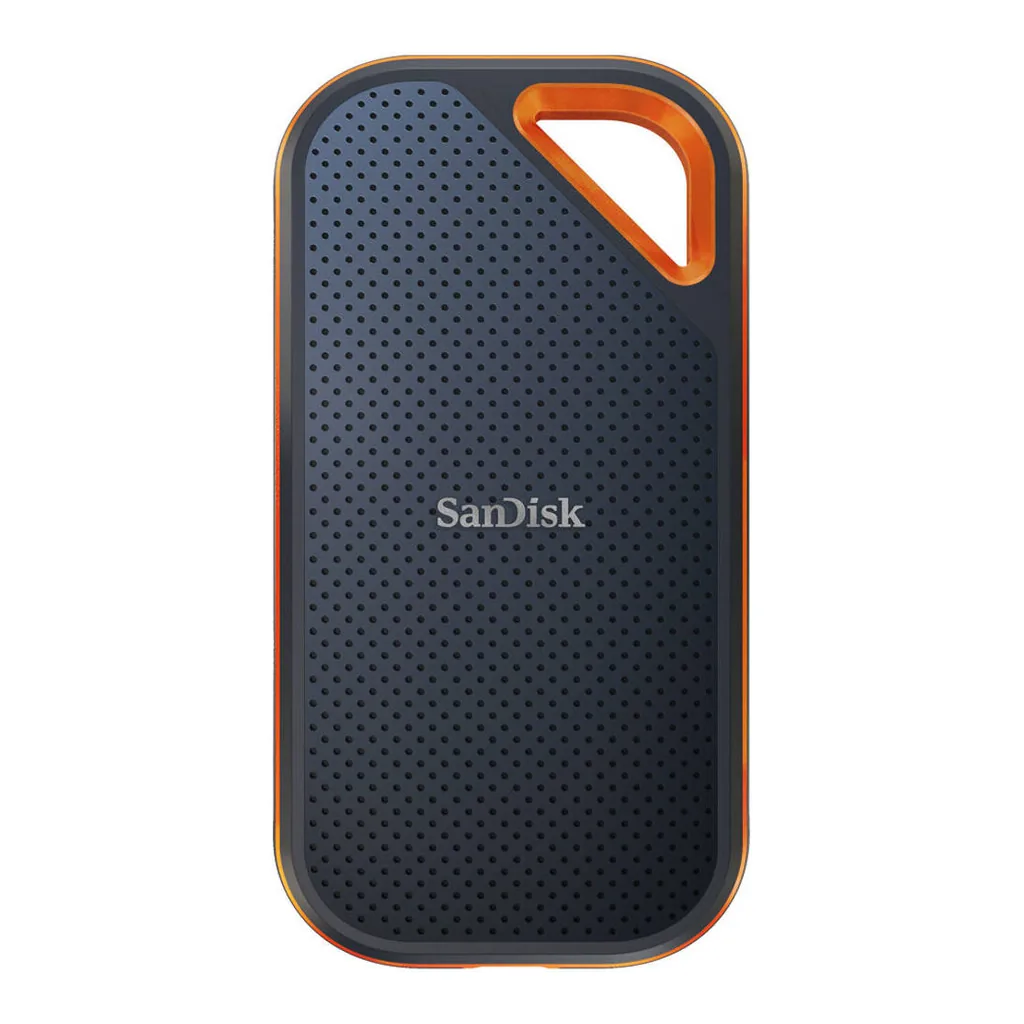 26f04b52f7382a08fe29bc156aac7f7e-hi.jpg SanDisk 2TB Extreme PRO Portable SSD V2, USB 3.2 Gen 2x2 Type-C, Up to 2000 MB/s Read & Write Speeds, 256-Bit AES Hardware Encryption, Carabiner Loop, IP55, Black - Orange | SDSSDE81-2T00-G25